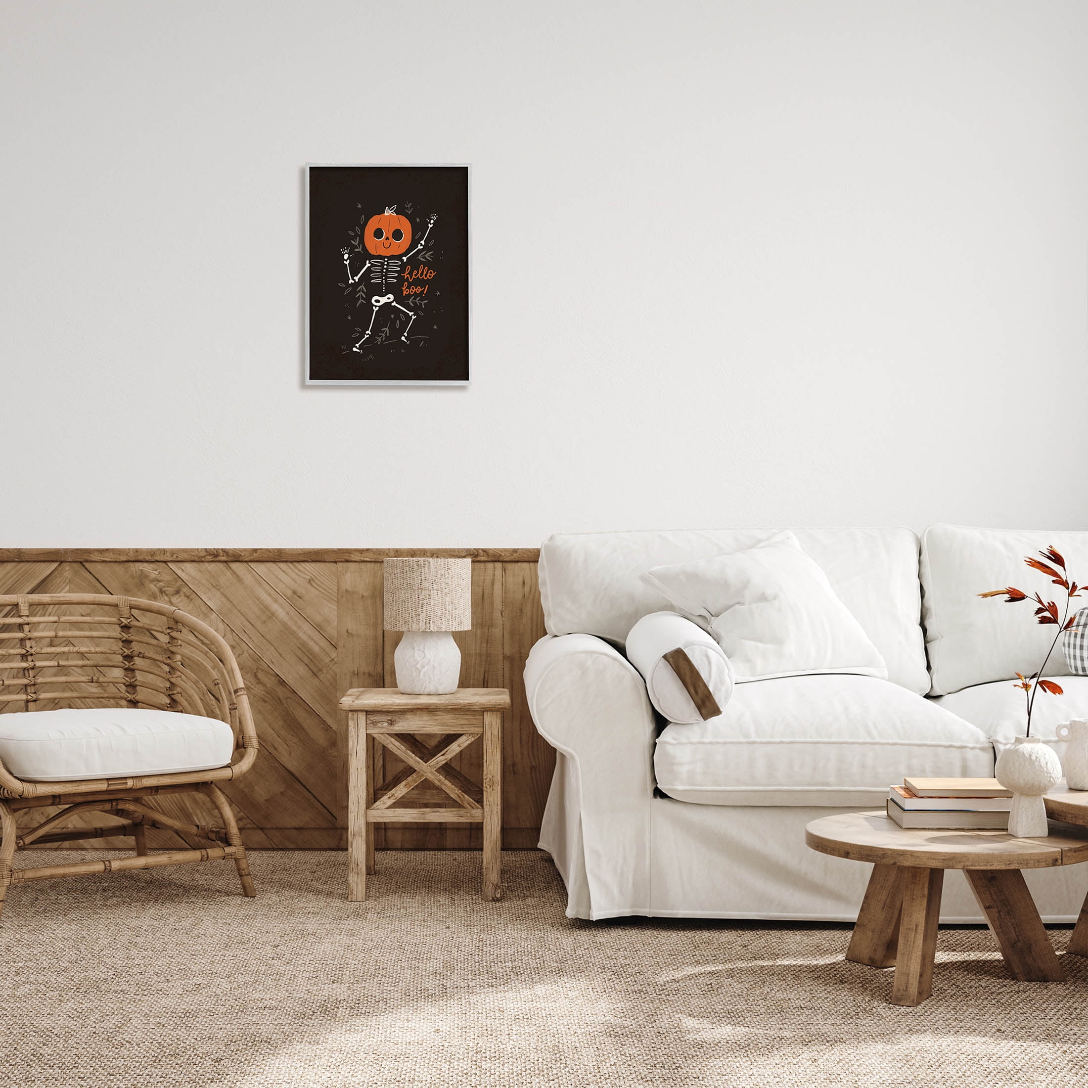 Hello Boo Halloween Smiling Skeleton Holiday Graphic Art Gray Framed Art Print Wall Art