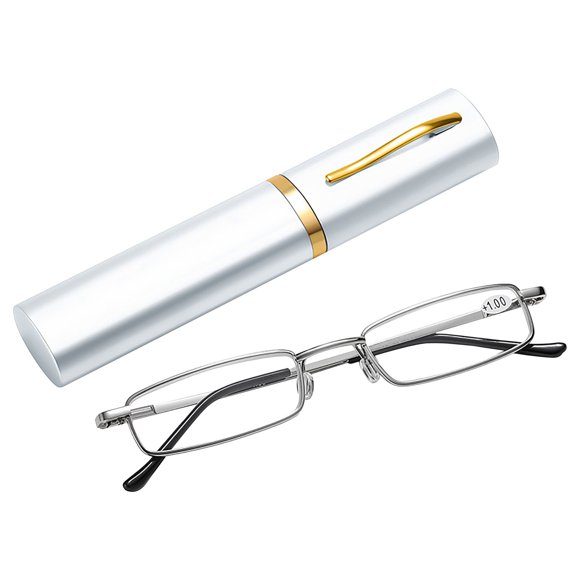 MVRLSH Under $10! Portable Pen Shaped Reading Glasses For Seniors Compact Telescopic Case Lightweight Foldable Frame Stylish Gunmetal & Gold Design Ideal For Travel & Daily Use
