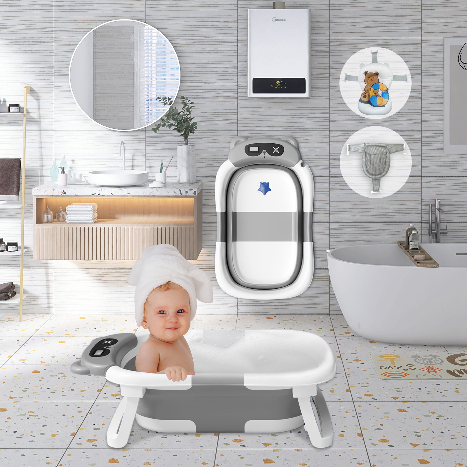 Stusgo Collapsible Baby Bathtub with Cushion & Thermometer, Grey photo 5