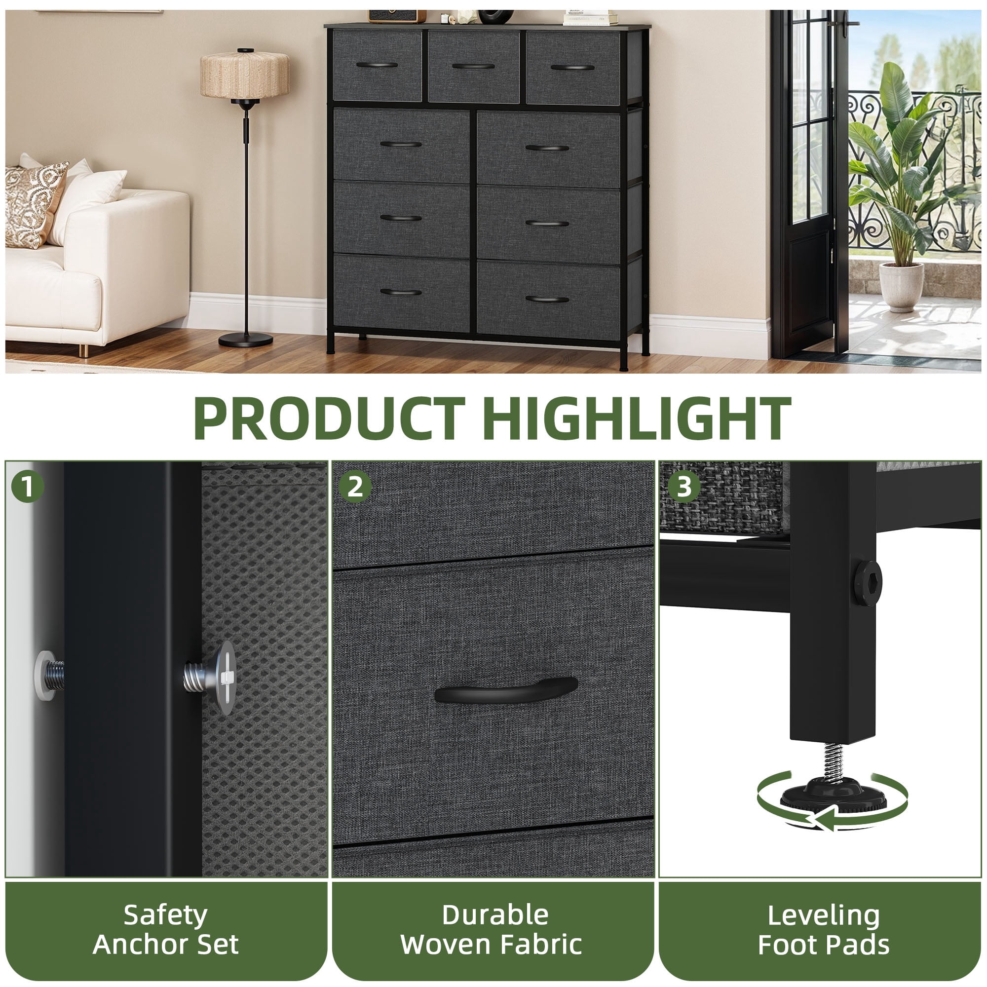 Uforic 9 Drawer Fabric Storage Dresser with Steel Frame for , Living Areas, Hallways, Closets, and Offices, Black Gray