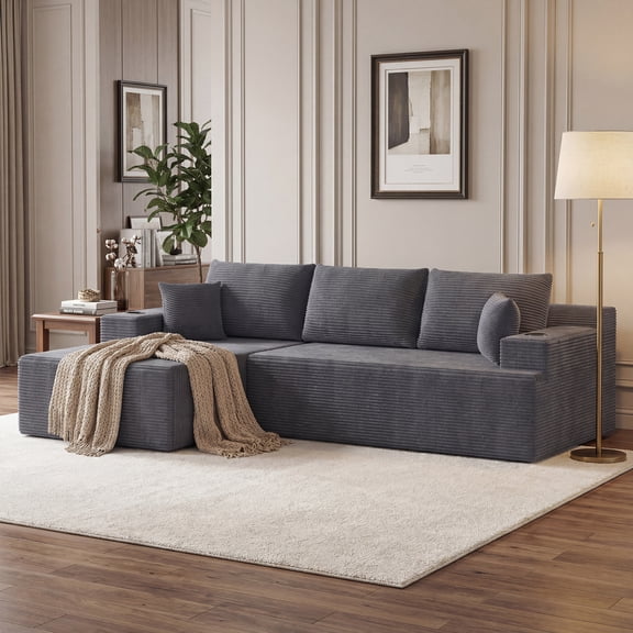 105'' Modular Sectional Sofa With Chaise, L Shaped Couch With Cup Holders, 2-Piece Cloud Couch With Deep Seat, Upholstered Corduroy Boneless Couch For Living Room, No Assembly Required, Dark Gray