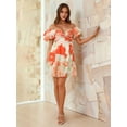 thumbnail image 4 of Women'S Boho Floral Mini Dress Puffy Short Sleeve Cutout V Neck Casual Long Beach Dress Orange Red Print M, 4 of 7
