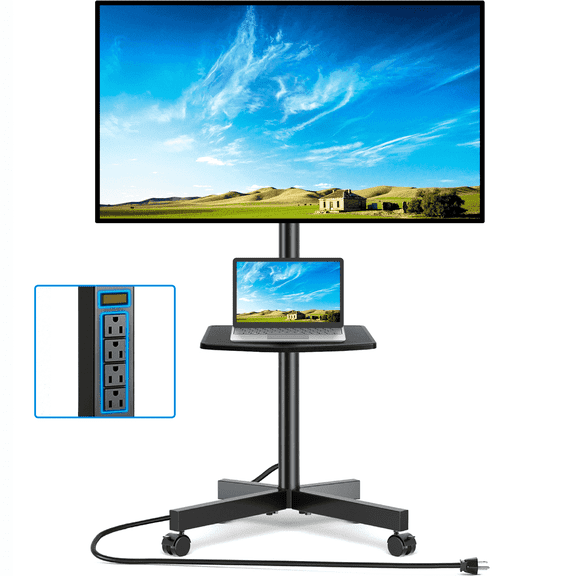 RTVR Rolling Mobile TV Stand Cart for 32 to 65 inch TVs with Power Outlet Adjustable Shelf, Outdoor Black