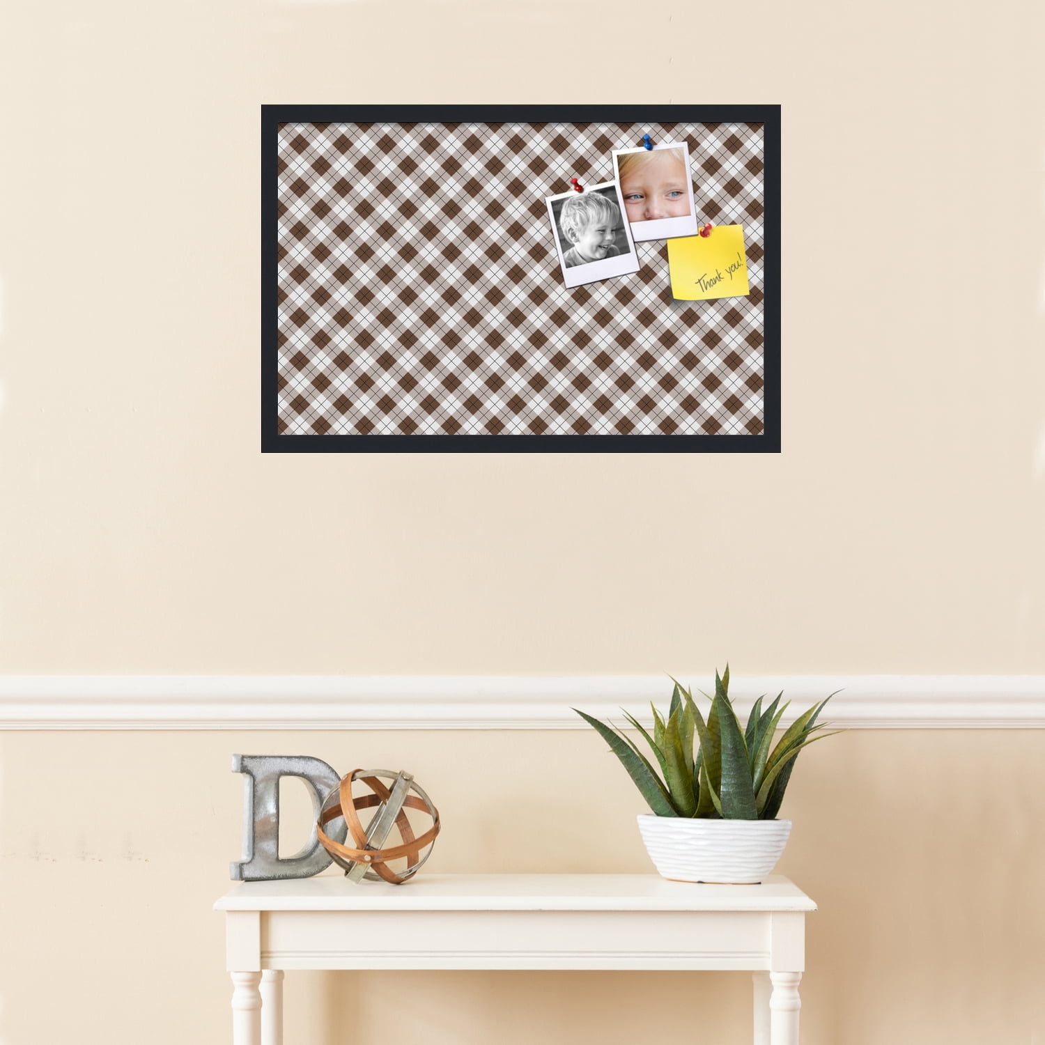 PinPix ArtToFrames 26x16 Custom Cork Bulletin Board Argyle Brown   Poster Board Has a Fabric Style Canvas Finish, Framed in Satin Black (PinPix-631)