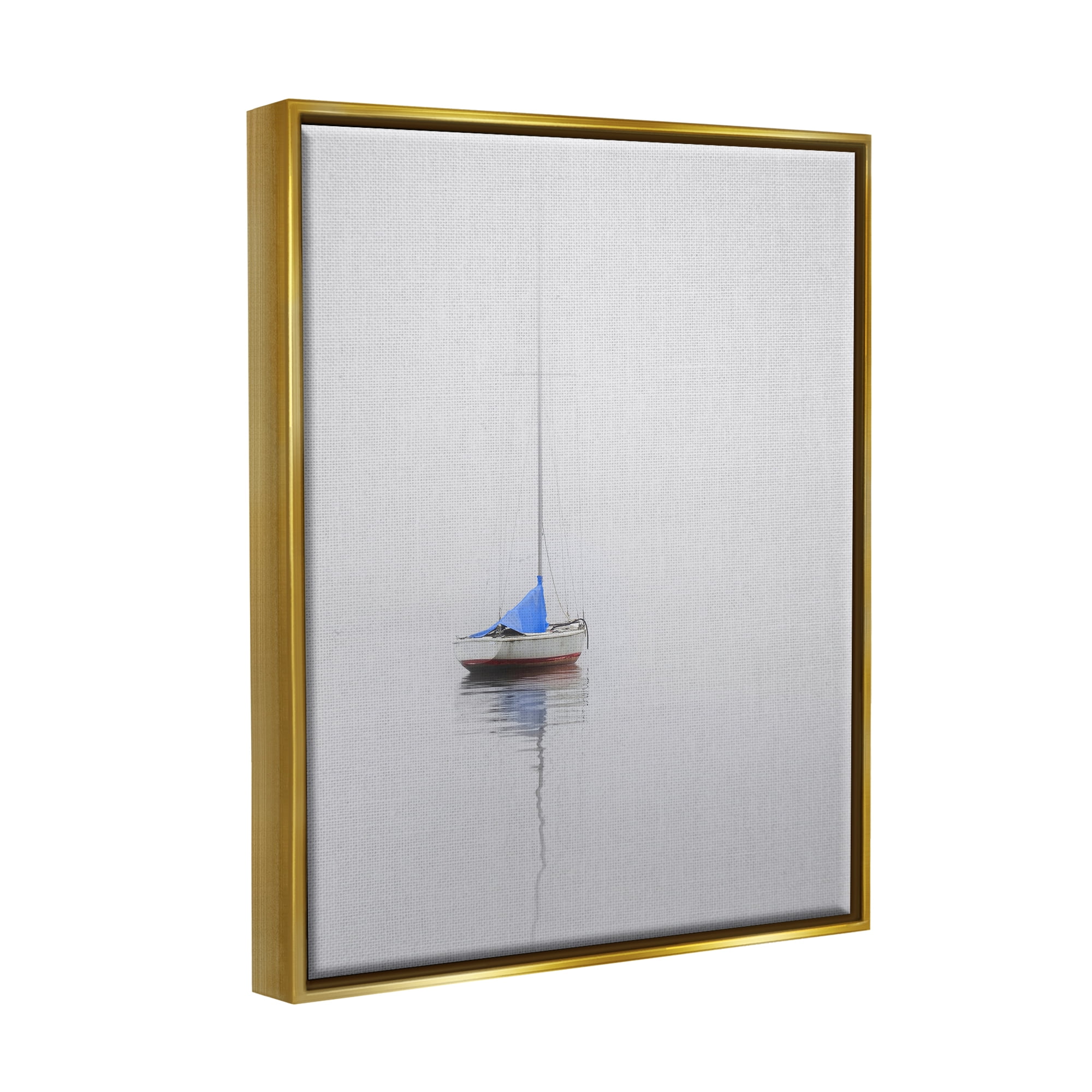 Stupell Drifting Boat Grey Ocean Reflection Landscape Photography Gold Floater Framed Art Print Wall Art