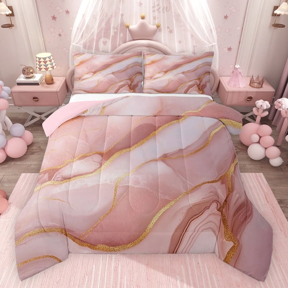 Castle Fairy Kids Teens Female Gradient Marble Stone Pattern Bedding Comforter Set 2pcs,Mountain Fluid Gold Metallic Twin Comforter Sets Microfiber,Ombre Marbling Watercolor Breathable Bedding Set