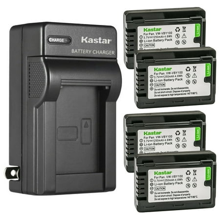 Kastar 4-Pack Battery and AC Wall Charger Replacement for Panasonic VW-VBY100 Battery Panasonic HC-V110 HC-V110G HC-V110GK HC-V110K HC-V110P HC-V110P-K HC-V130 HC-V130K HC-V201 HC-V201K Cameras
