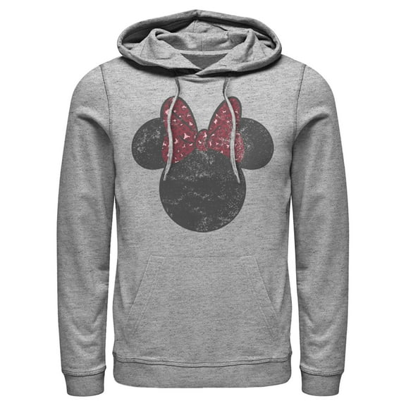 Men's Mickey & Friends Minnie Mouse Distressed Leopard Bow Pull Over Hoodie Athletic Heather Medium