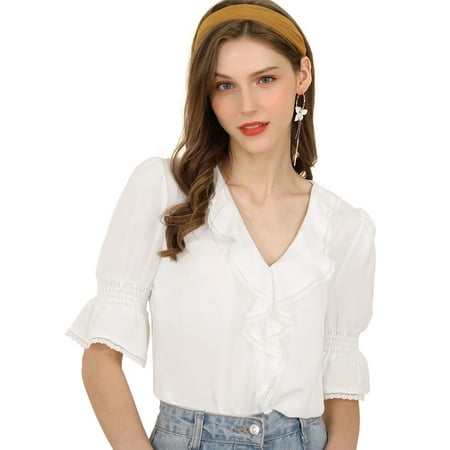 Silk Peasant Blouse - Unique Bargains women's Ruffle V Neck Half Bell Sleeve Chiffon Top White (Size M / 10)