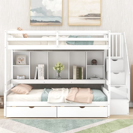 Twin XL over Full Bunk Bed with Built-in Storage Shelves and Drawers  Solid Wood Bunk Bed Frame with Storage Staircase and Full-Length Guardrail for Kids Boys Girls No Box Spring Needed  White