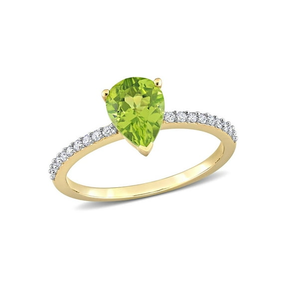 Gem & Harmony 1 1/7 Carat (Ctw) Peridot Pear Ring 14K Yellow Gold with Diamonds for Women