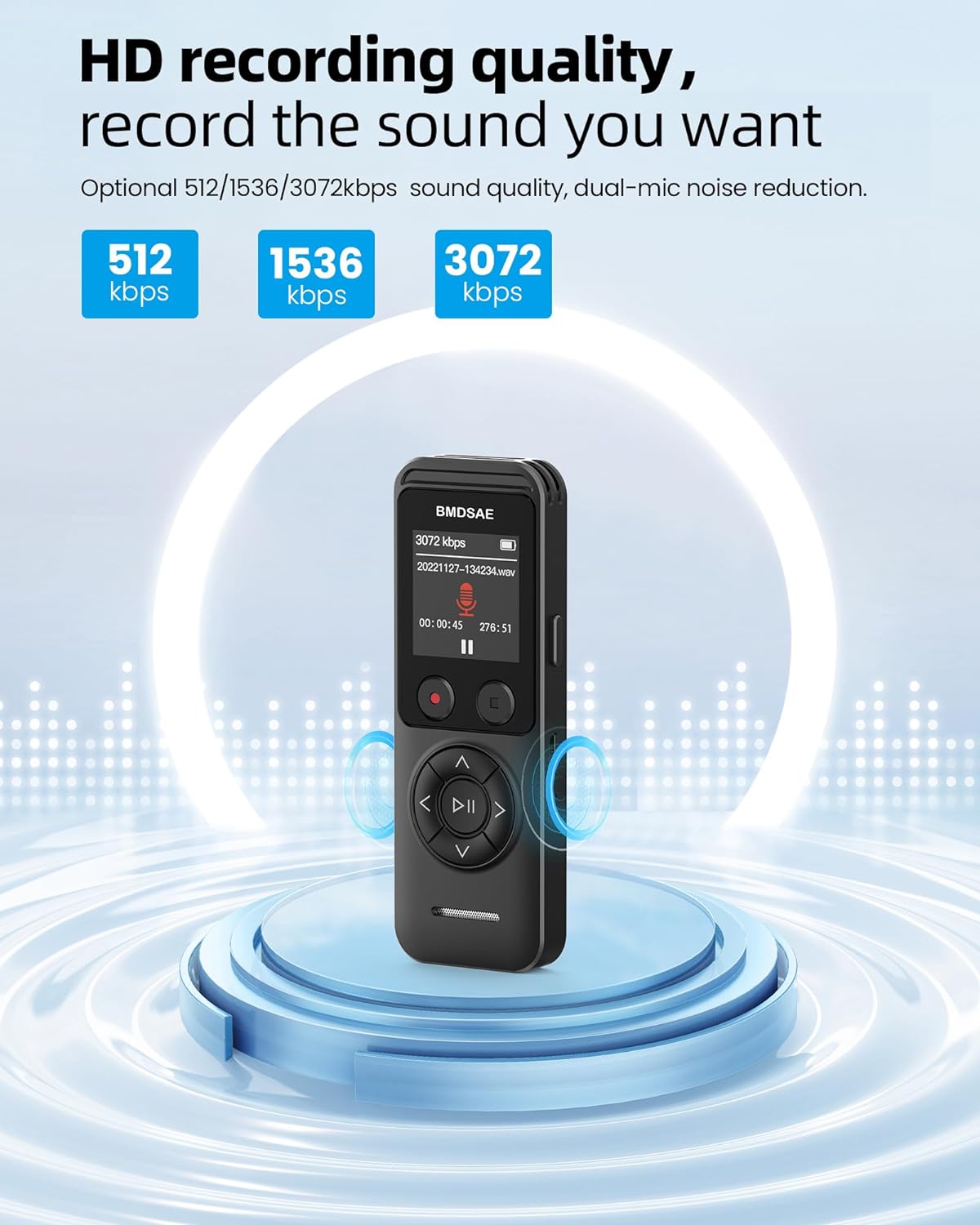 64GB Digital Voice Recorder - Voice Recorder with Playback Dual Microphone 3072 Kbps A-B Repeat Recording Monitoring & Noise Reduction Voice Activated Recording