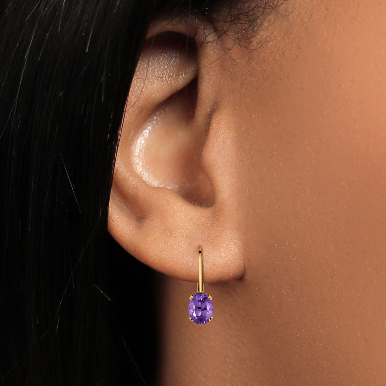 Gem Stone King Purple Amethyst Yellow Gold Plated Leverback Earrings for Women (1.50 Cttw, Gemstone February Birthstone, Oval 7X5MM)