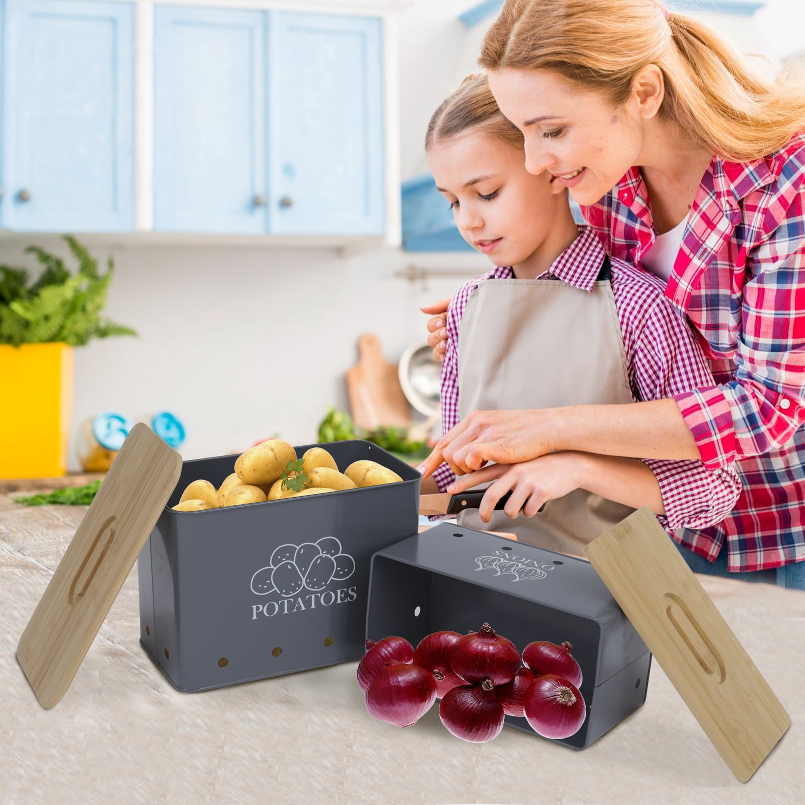 Pethiy Potato and Onion Storage Canisters - 2-Pack Kitchen Storage Bin Set, Durable Potato Storage Box with Aerating Holes for Freshness and Long Shelf Life,Gray