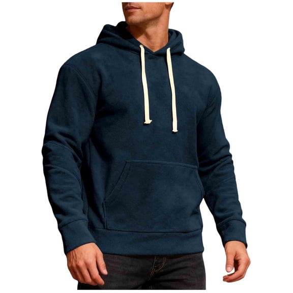 Men's Fleece Casual Hoodies Drawstring Plain Pullover with Pocket Long Sleeve Hooded Warm Winter Sweatshirts (XL, Navy)