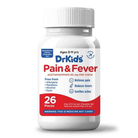 DrKids Children’s Pain and Fever Chewable Gels - Kids Chewable Acetaminophen for Kids Ages 2-11, Pre-Measured Soft Chews for Headache, Sore Throat, Cold and Flu, Strawberry Flavor, 26 Pieces.