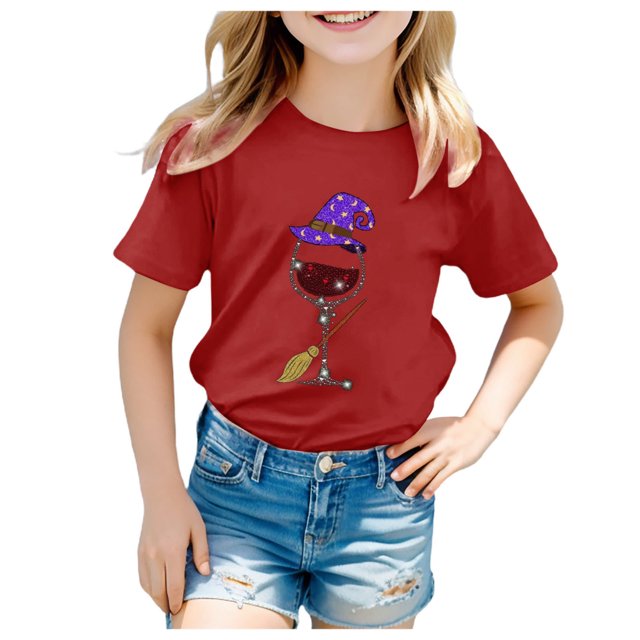 2DXuixsh Hauts pour Filles Enfants T-Shirt Imprimé Rétro Manches Courtes Col Rond Décontracté Ample Basique Vêtements pour Enfants Filles Rouge Taille 160