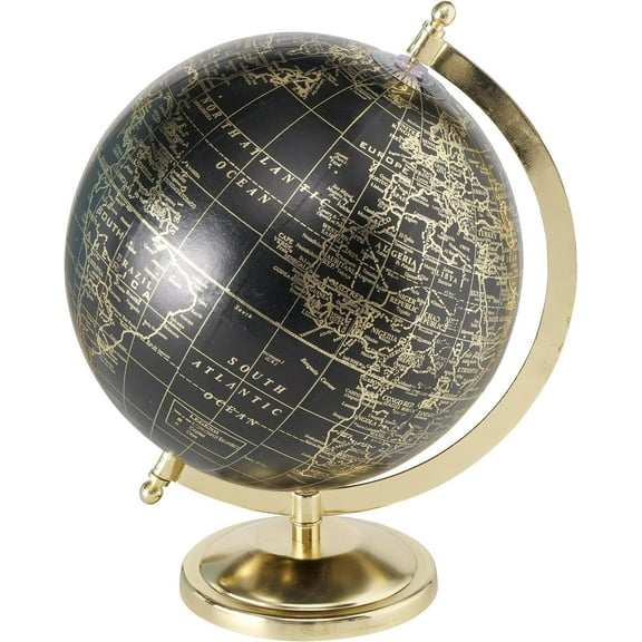 Explorers Globe, Incised Details, Black With Gold Accents, Mapped with Locations, Longitude and Latitude, Resin, Crescent Stand Mounted, Circular Gallery Base, 12.25 Inches Tall