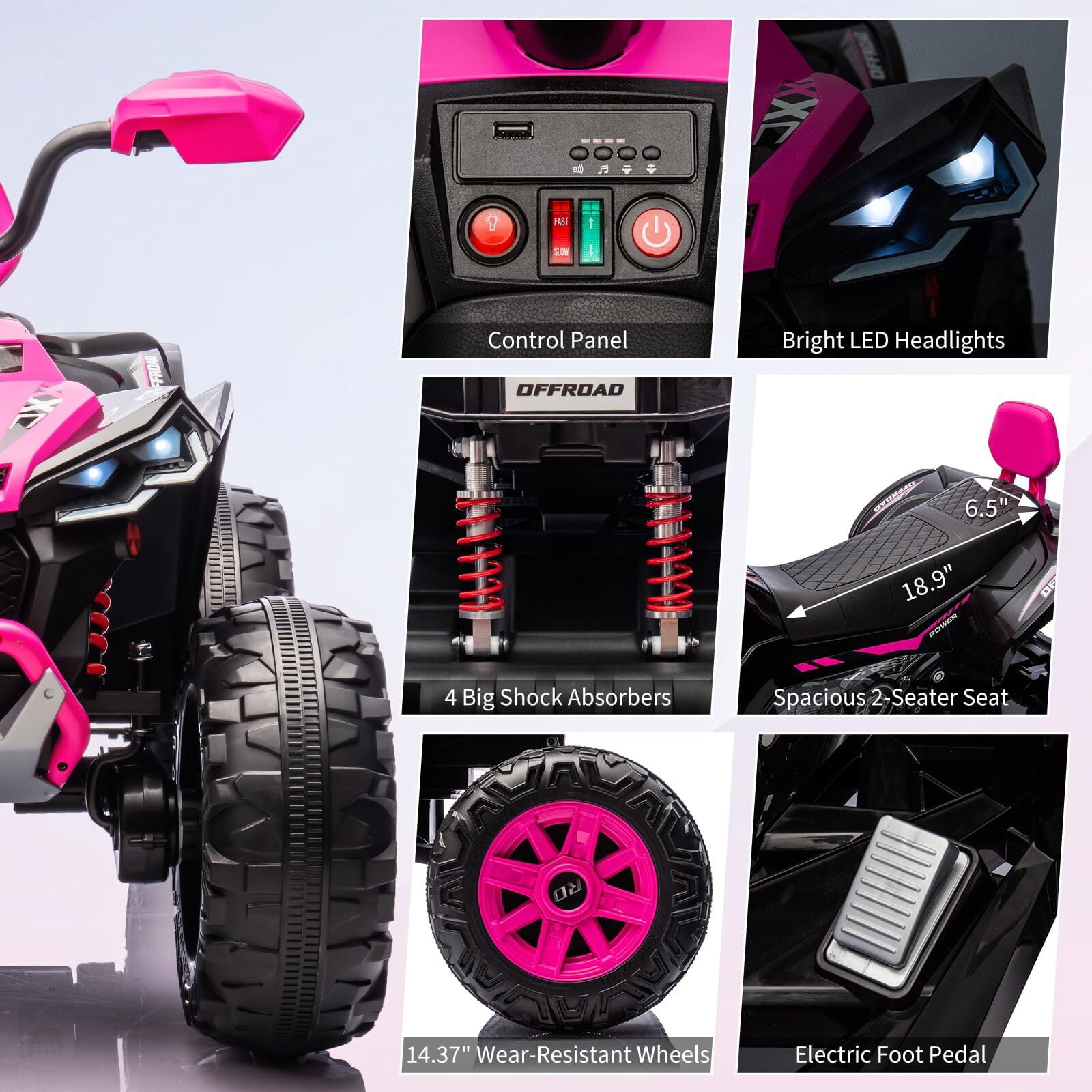 24 Volt Kids ATV Ride-On, Electric Dual 4 Wheeler with 2-Seater, Ride on Toys for Big Kids with Bluetooth, LED Lights, Music, High Low Speed, Pink