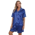 thumbnail image 2 of TiaoBug Women Mens Pajamas Set Satin Lapel Short Sleeve Shirts with Shorts 2-Piece Nightwear Royal Blue XL, 2 of 7