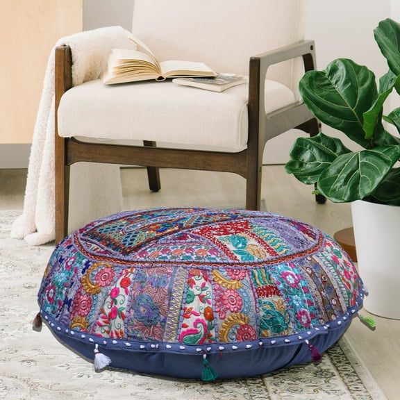 Stylo Culture Ethnic Floor Pillow Cushion Vintage Patchwork Cover Grey 32x32 Huge Decorative Round Decor Seating Tuffet Seat Pouf Cover Footstool Cotton Embroidered 1 Pc
