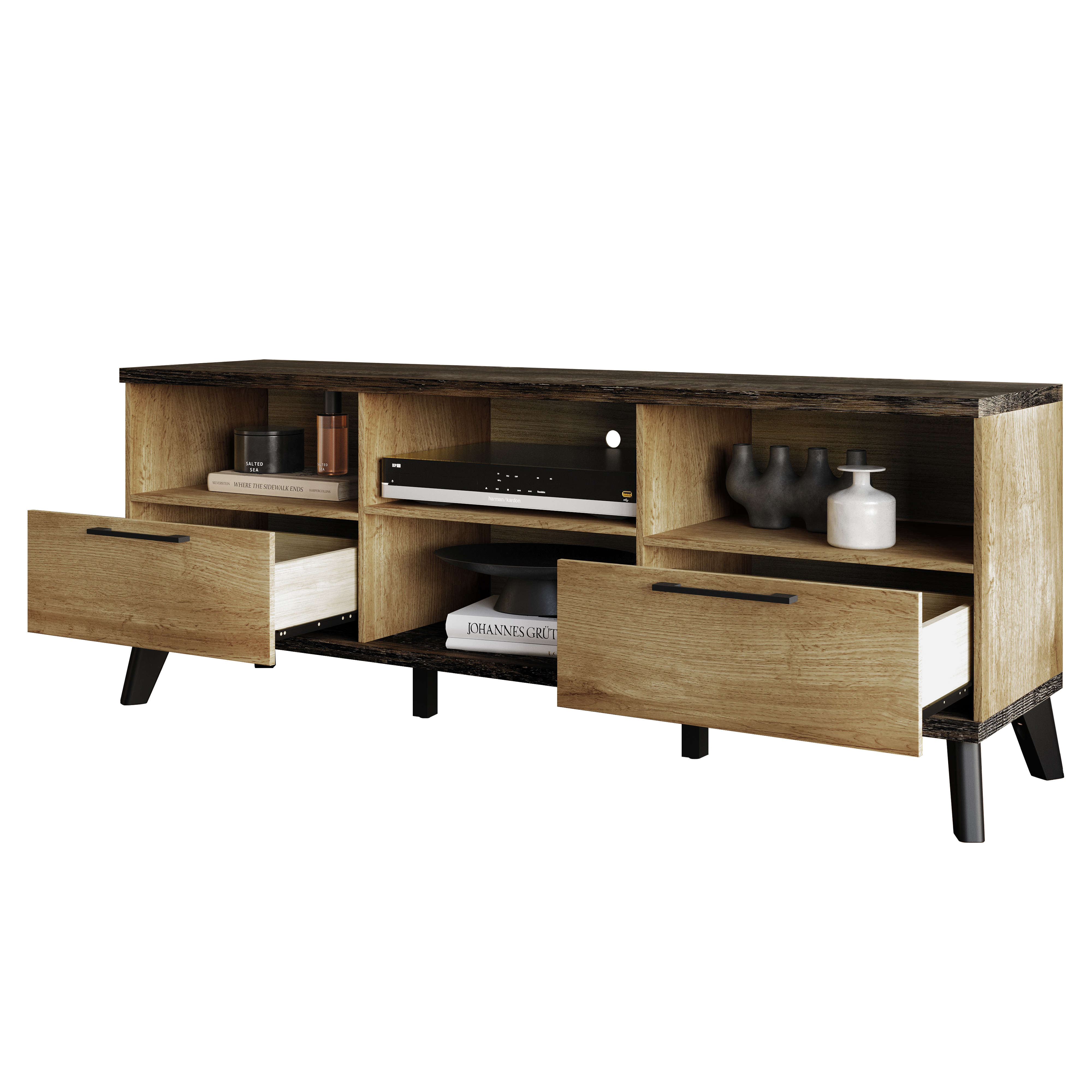 Home Design Emersyn TV Stand with Spacious Storage and Sleek Design, Natural Oak, Easy Assembly