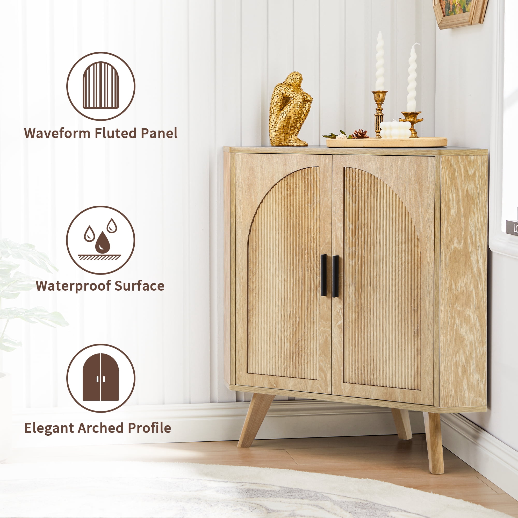 Fluted Corner Cabinet with 2 Doors & Adjustable Shelves, Space-Saving Floor Storage Cabinet for Bathroom, Kitchen, Living Room, Modern Freestanding Organizer (Oak)