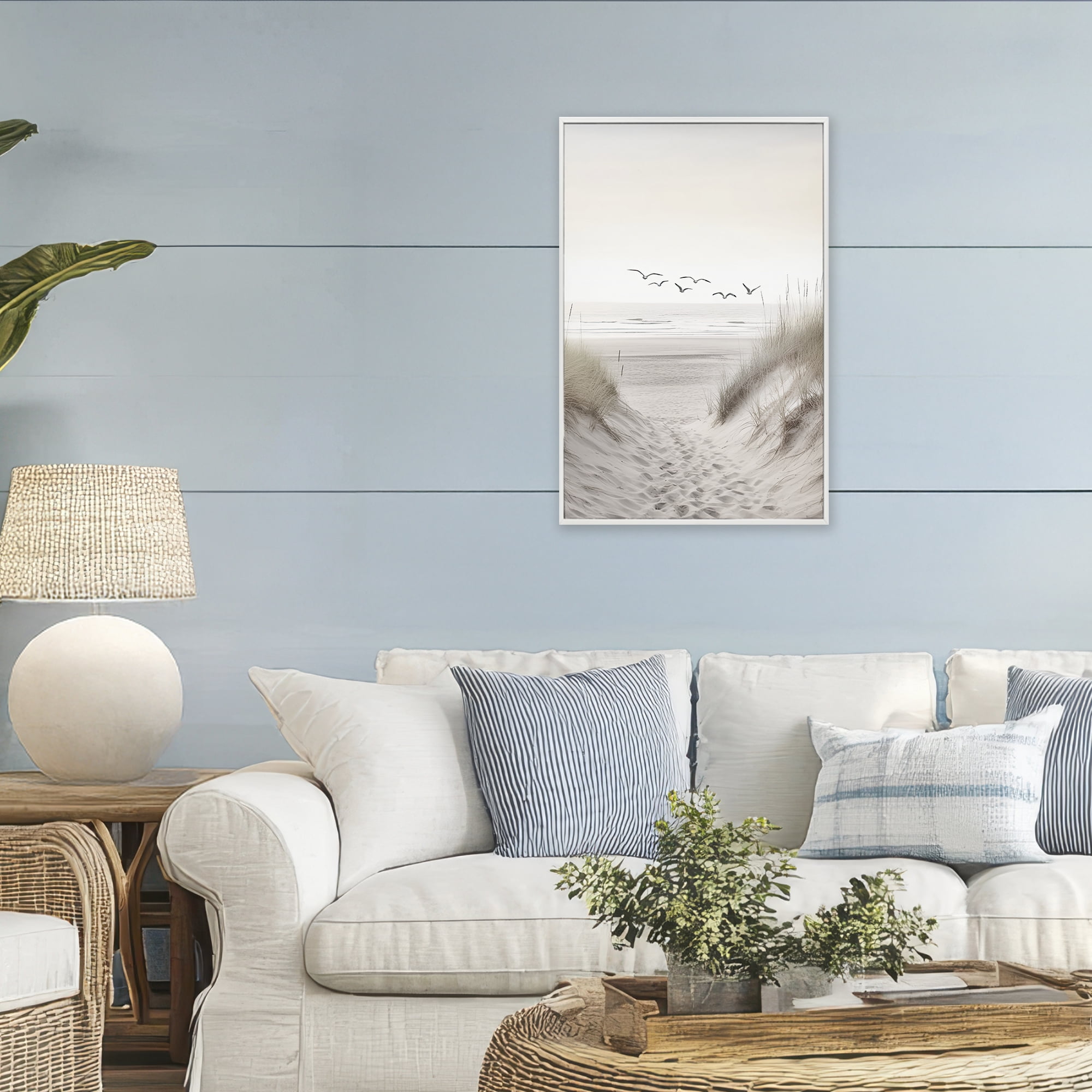 Seagulls over Sandy Footprints White Framed Giclee Art, design by Decent Exposures