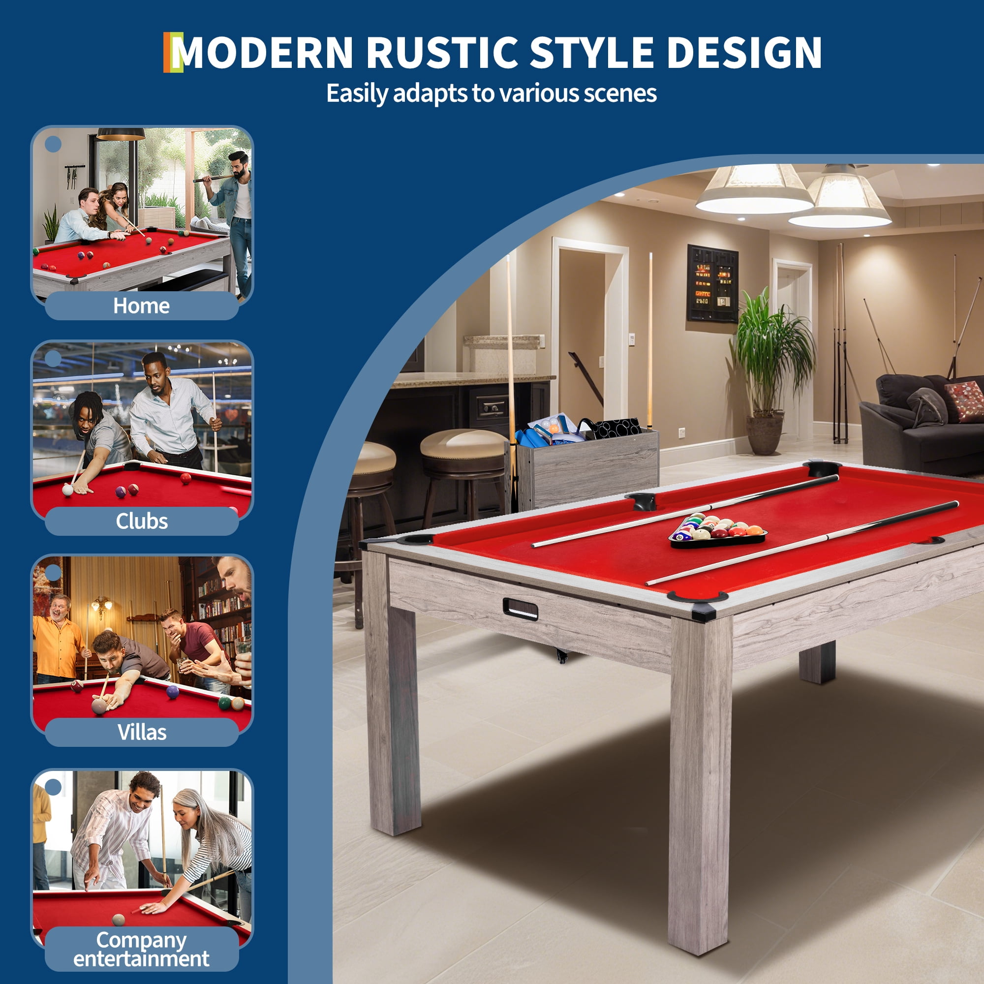 7FT 3-in-1 Pool Table with Dining Top & Table Tennis, Multi Game Billiard Table Set with HDF Wood Grain Finish, Includes Cues, Balls, Ping Pong Paddles and Rolling Storage Caddy