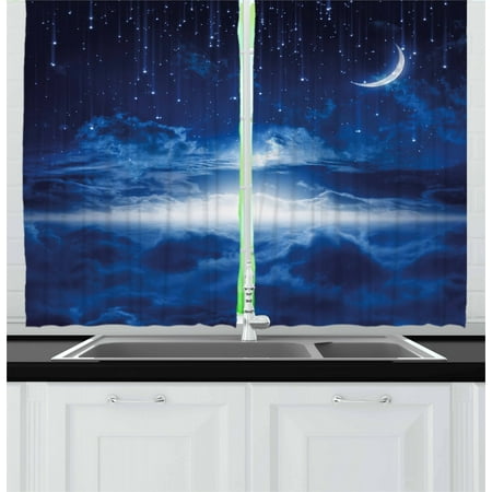 Night Curtains 2 Panels Set, Heavenly Majestic Galaxy View Falling Stars Celestial Magical Cosmos, Window Drapes for Living Room Bedroom, 55W X 39L Inches, Navy Blue White Indigo, by Ambesonne