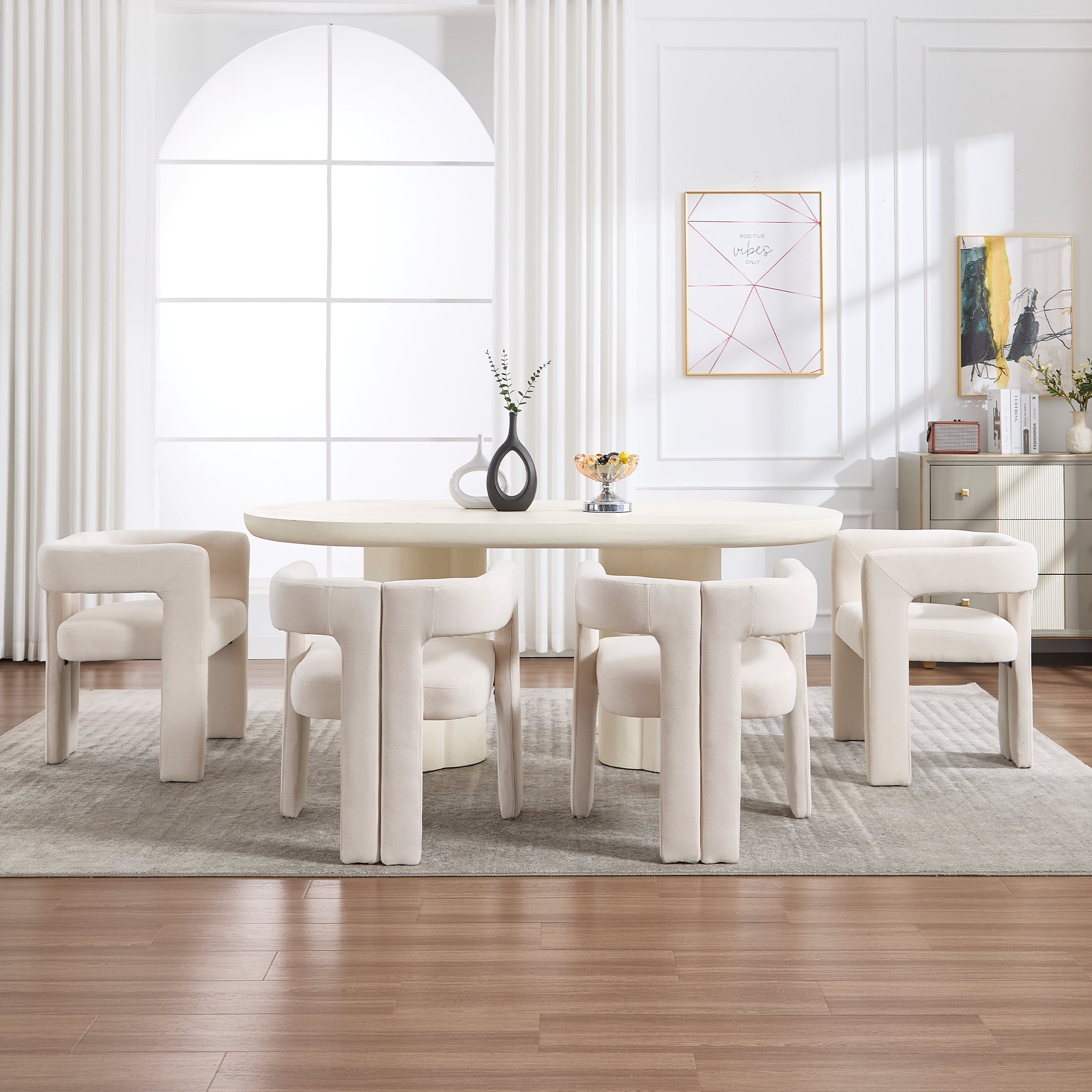 Guyou Modern Boucle Dining Chair Set of 2, Linen Upholstered Barrel Chair, Comfy Armchair with Open Backrest, Vanity Side Chair Accent Chair for Living Room Bedroom Dining Room, Beige