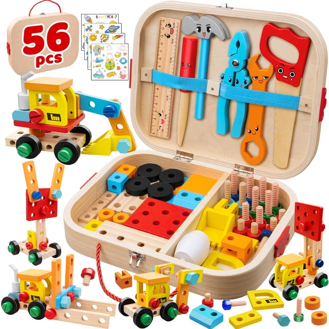 Juego de herramientas Goodfuns de 56 piezas para niños pequeños con caja de herramientas de madera