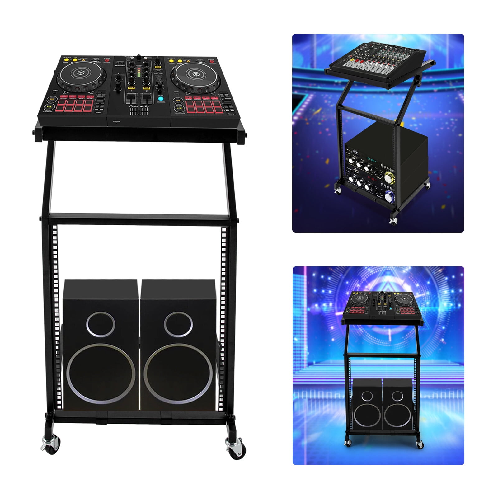 ToppiJoy 2 Tiers Adjustable DJ Mixer Stand, Professional DJ Stand with Wheels Mount Rolling Stage Cart for DJ Stand