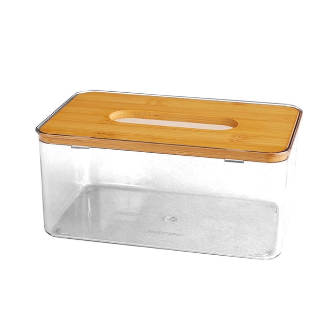 Tauxra Wood Tissue Box Holder Plastic Storage Container for Living Room Office Desk 8.4 Inch Long Clear Top Easy Refill