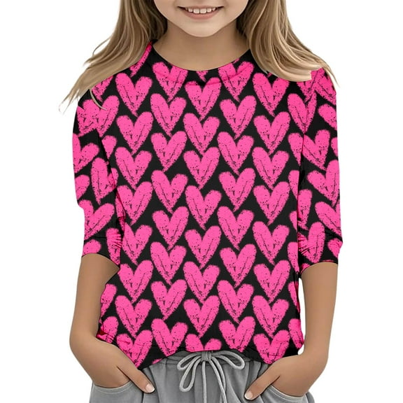 WhouRiu Toddler Girls T Shirts Valentine'S Day Print 3/4 Quarter Sleeve Tee Tops Kids Cute Casual Tshirts Pink,Sizes 3-4