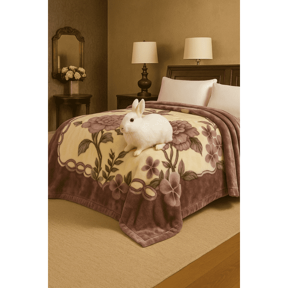 DBOZE Royal Blossom Heavy Korean Mink Blanket – 85" x 95" Luxury Reversible Floral Plush Blanket, King Size, Purple/Cream