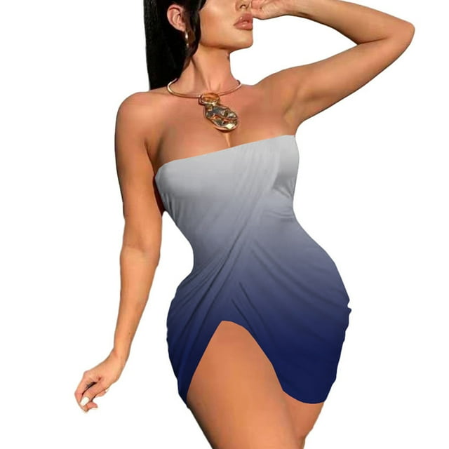 CEHVOM Women Sleeveless Buttocks Gradient Printing Split Fork Breast Wrap Dress