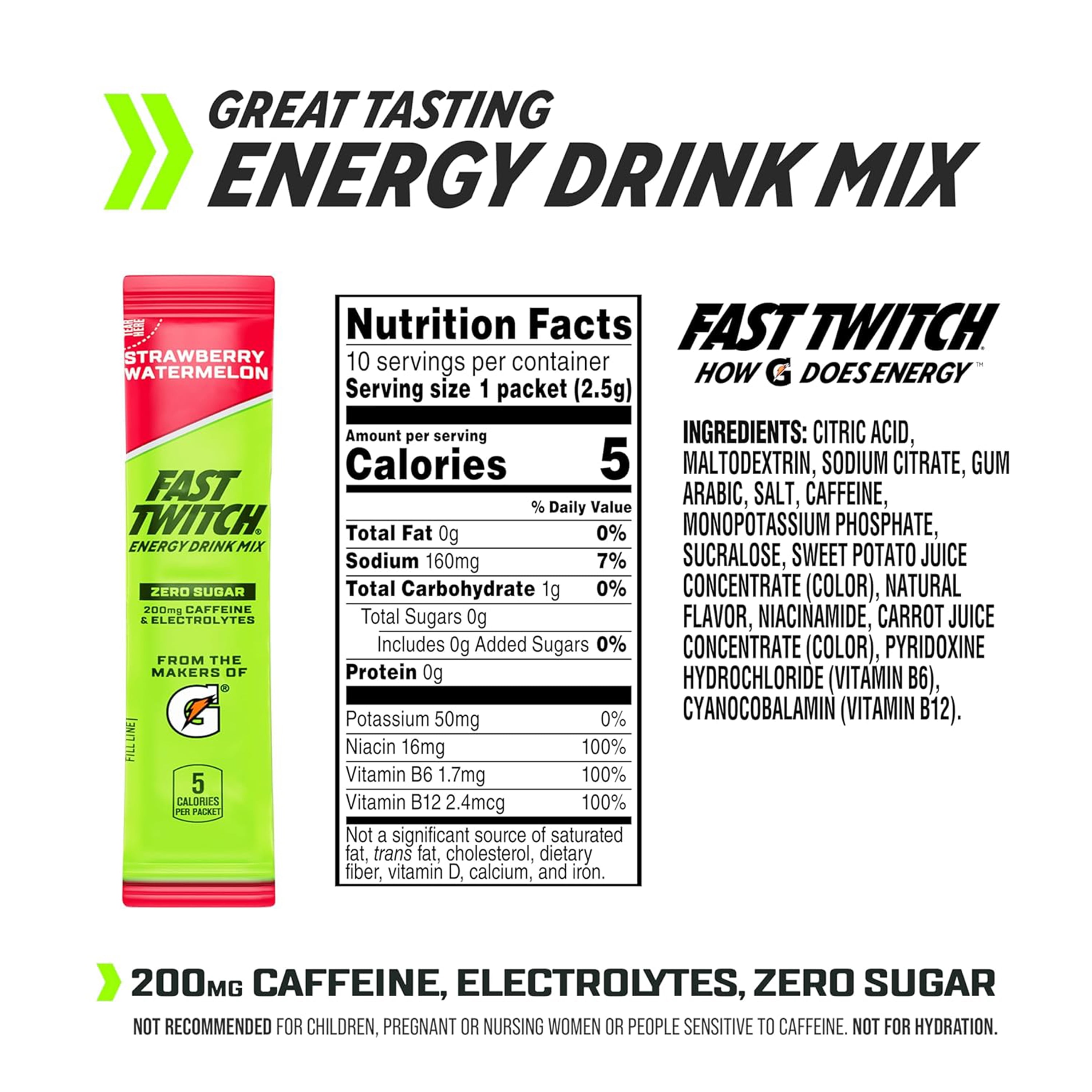 Fast Twitch by Gatorade Strawberry Watermelon Flavored Energy Powder Drink Mix, 0.08 oz, 10 Count Packets