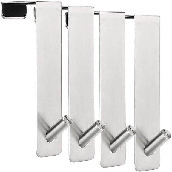 Over The Door Hooks (4 Pack) - Fits 1.75" Thick Doors - Heavy Duty 304 Stainless Steel - Holds 50Lbs per Hook - Silver - Single Door Hooks for Office, Bedroom