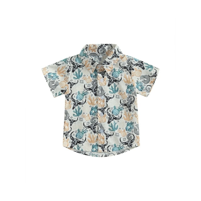 Fortune Kids Boys Shirts Cactus Cattle Print Button Short Sleeve Tops Holiday Beach Blouse