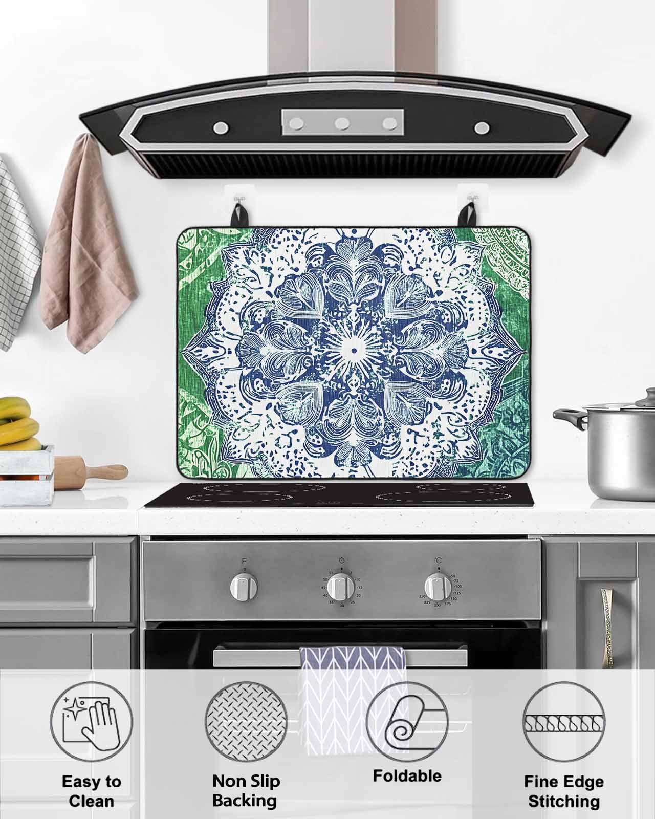 nqOlkjepod Large Induction Cooktop Protector Mat 28.5"x20.5", Blue Floral Pattern Stove Top Covers for Electric Stove, Vintage Green Teal Ombre Stove Burner Cover Mats, Glass Top Stove Cover