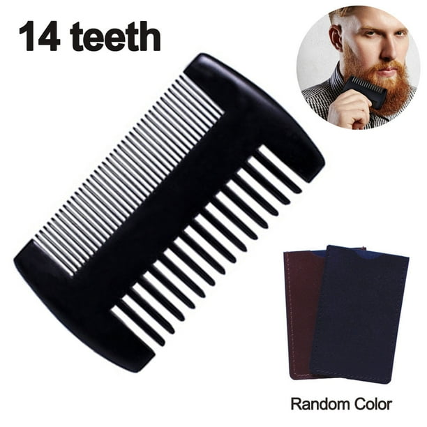 Peine para bigote de 14 dientes con estuche de cuero Kit de bolsillo para el cuidado de la barba de madera con dientes finos y gruesos de doble acción Funciona perfectamente con aceite y