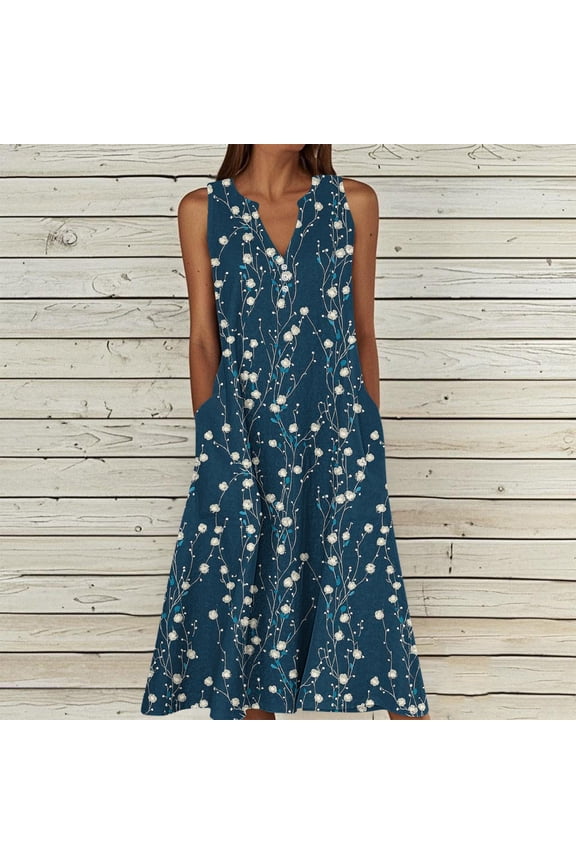 Dresses for Women Sleeveless V Neck Empire Waist A-Line Maxi Dress Floral Print with Pockets Flowy Flattering Casual Daily Summer Dresses Spring Dresses