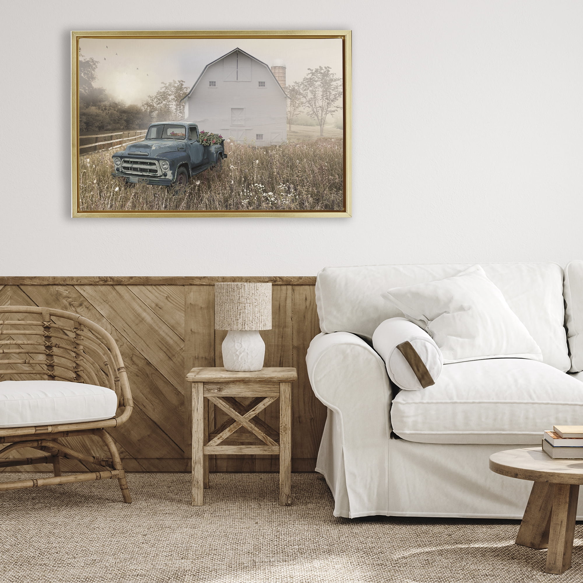 Stupell Industries Vintage Pickup in Wildflowers Gold Framed Floater Canvas Wall Art, design by Nan