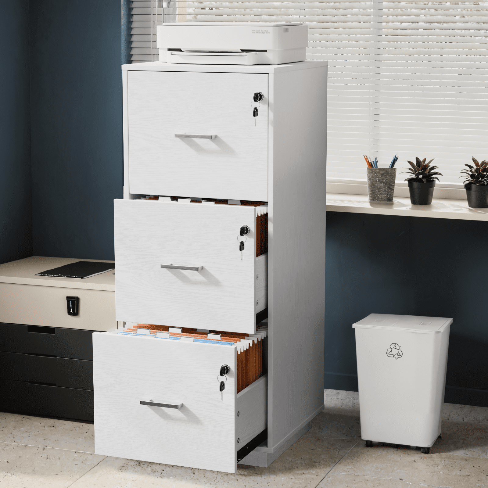 Ktaxon 3-Drawer Wood Lateral File Cabinet Lockable Filing Cabinet with Lock for Home Office Easy to Assemble, White