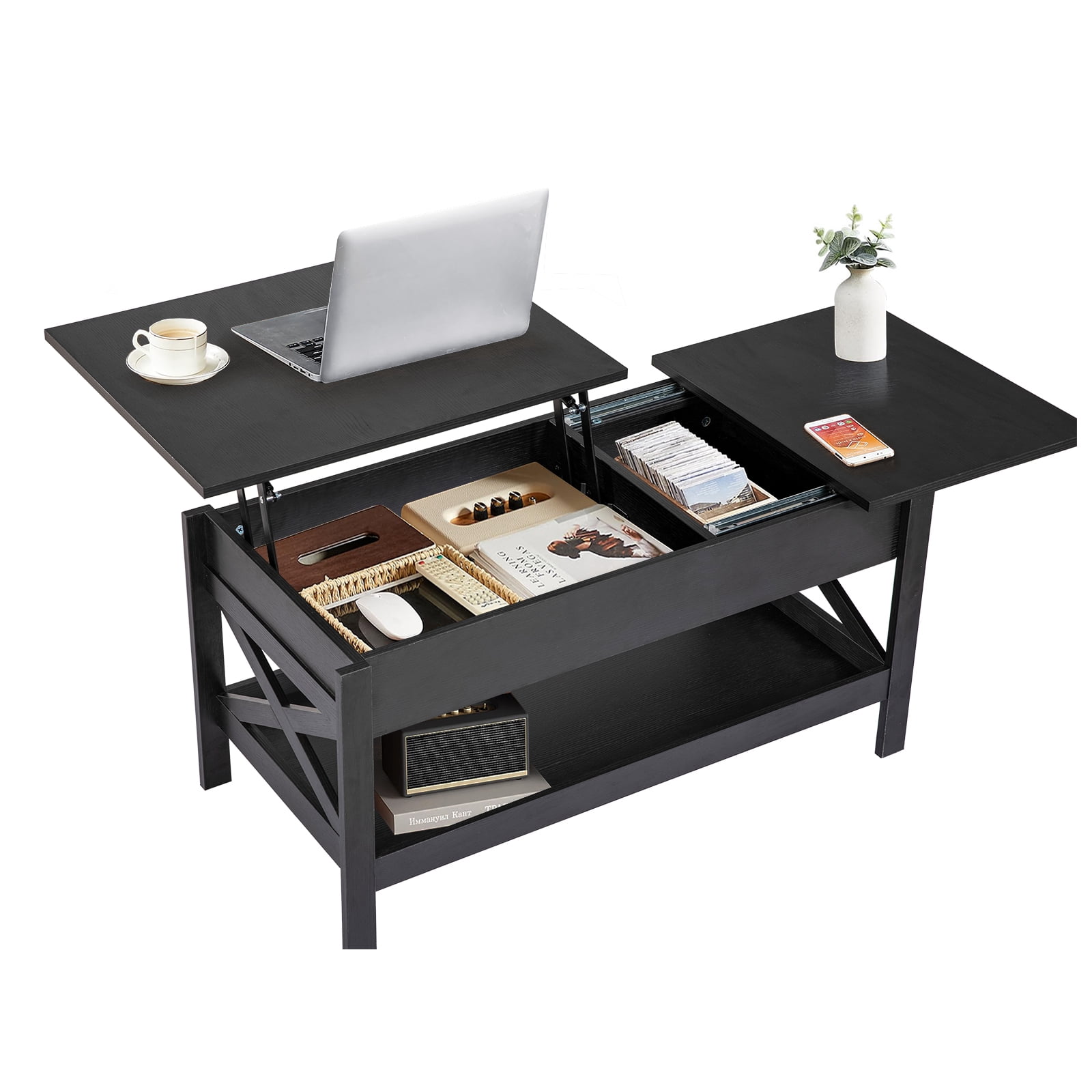 Nalone Coffee Table Lift Top Dining Table with Shelf, Center Table Adjustable Height Tea Tables Wooden Center Tables with Hidden Compartments for Living Room Apartments(Black)
