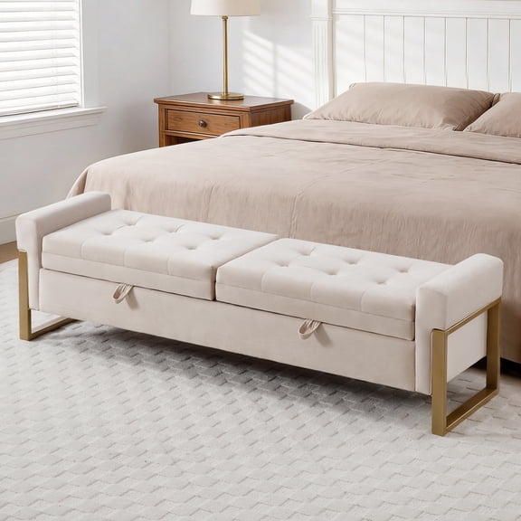 BaseBeauty 67" Storage Bench for Bedroom, End of Bed Bench with Double Lids, Upholstered Storage Bench with Golden Metal Legs, Velvet Beige