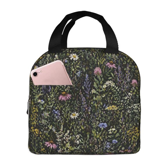 Dark Wildflower Botanical Lunch Bag Reusable Thermal Lunch Box with Handle for Women and Men