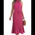 thumbnail image 2 of Vestido de Cóctel Midi Plisado con Cuello Halter, Sin Mangas y Corte en A para Mujer, para Playa y Sol (Verano 2025) Rosa Roja M, 2 of 10
