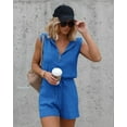 thumbnail image 2 of Sleeveless Women's Casual Shorts Rompers Summer Half Zip Lapel Collar Drawstring Knit One Piece Jumpsuit with Pockets, 2 of 6